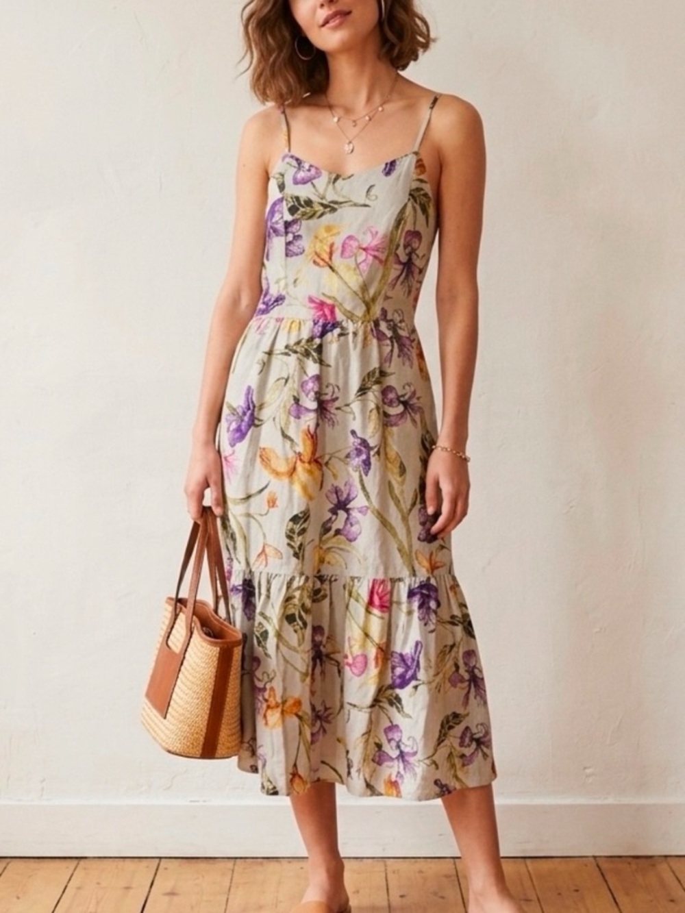 Joie Floral Midi Linen Blend Spaghetti Strap Tiered Cream Purple & Pink Blooms M
